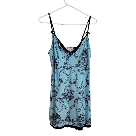 Linea Donatella Black Blue Floral Slip Night Gown V-neck Ruffled Hem Large - Picture 1 of 16